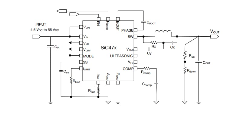 Schéma du circuit d'application - Vishay / Siliconix Convertisseurs microBUCK® SiC471/SiC472/SiC473/SiC474